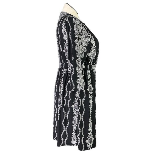 Lane Bryant Wrap Dress Women 14/16 Black White Floral 3/4 Sleeve Belted V Neck - Picture 5 of 8